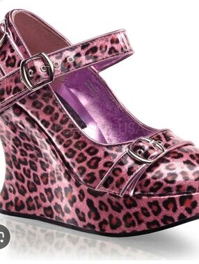 Women's Pink Leopard Print Wedge Mary Janes, Demonia, Excellent, Size 7
